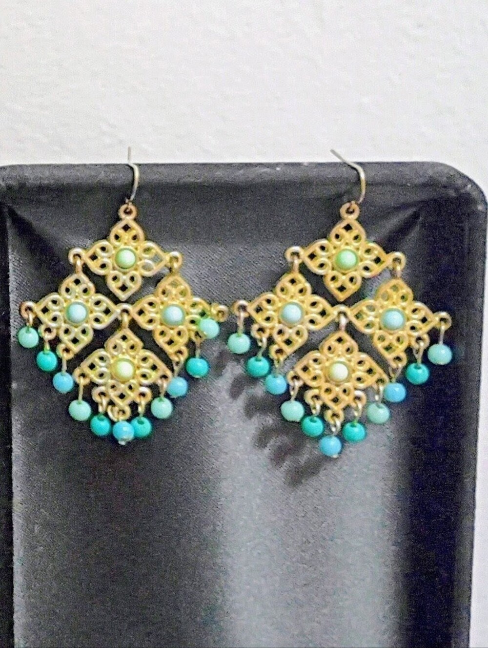 Gold Toned and Faux Turquoise Pierced Dangle Earrings
